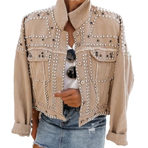 Womens Fashion Crop Rivet Studded Denim Jacket Casual Vintage Long Sleeve Pearl Short Jean Coat Trucker Jacket