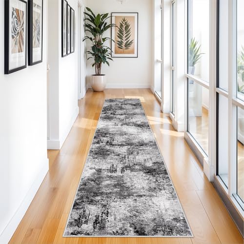 RUUGME Hallway 3x12 Runner Rug - Runner Rug Stain Resistant for Living Room Non Slip Indoor Entryway Rubber Backing Carpet Bedroom Kitchen Distressed Floor Decor Mat Machine Washable 3x12 BlackA