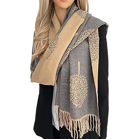 Cashmere Tree Life Blanket Scarf - Reversible Women Pashmina Shawl, Winter Scarfs Women, Large Wrap, Warm Scarf, of Print Ladies Scarves Long Wraps, Womens Gifts The Accessory Co, Camel Grey Cover