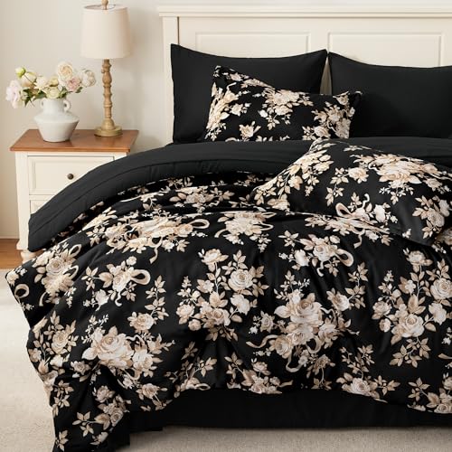 Image of Andency Floral Comforter Set Full Size, 7 Pieces Black Flower Lightweight Bedding Set for All Seasons, Soft Vintage Bed in a Bag with Comforter, Sheets, Pillowcases & Shams