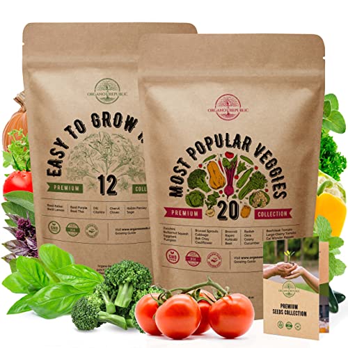 12 Easy to Grow Herb & 20 Most Popular Vegetable Seeds Variety Packs Bundle Non-GMO Heirloom Seeds for Planting Indoor and Outdoor Over 4800 Vegetable & Salsa Seeds in One Value Bundle