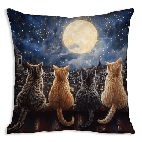 DWSHX Cat and Moon Design Throw Pillow Covers, Gift for Cat Lovers Pillow Covers Home Decor, Double Sided Print Square Pillowcase for Living Room Farmhouse Sofa Bedroom New Home Decor