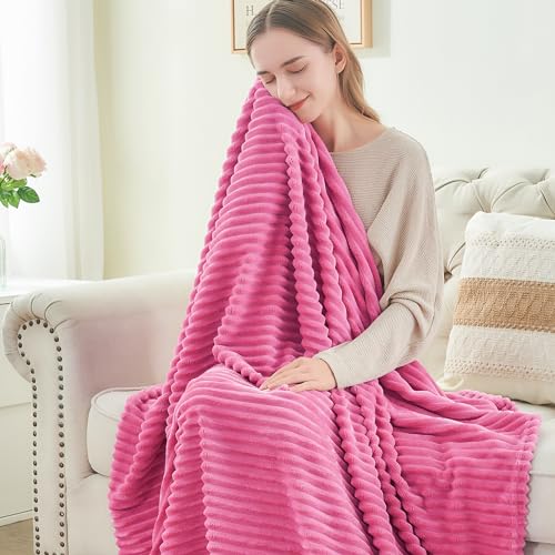 Image of BEDELITE Fleece Blanket Queen Size - 3D Ribbed Jacquard Soft and Warm Decorative Fuzzy Blankets - Cozy, Fluffy, Plush Lightweight Throw Blankets for Couch, Bed, Sofa(Hot Pink, 90x90 inches)