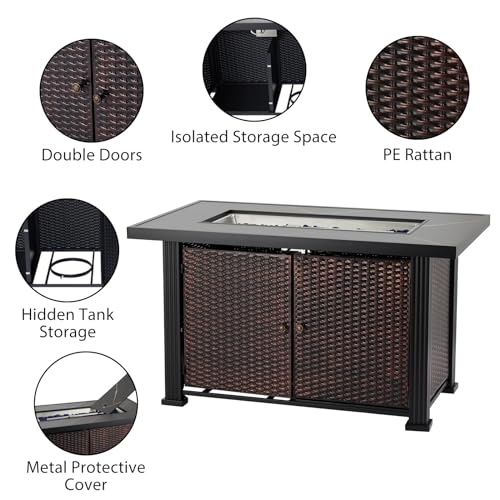 Propane Fire Pit Table 44 inch Gas Fire Pit Table 50000 BTU, 2 in 1 Gas Firepit with Slate Tabletop, Steel Base, Glass Fire Stones, Waterproof Cover & Separate Storage Space, CSA Certification