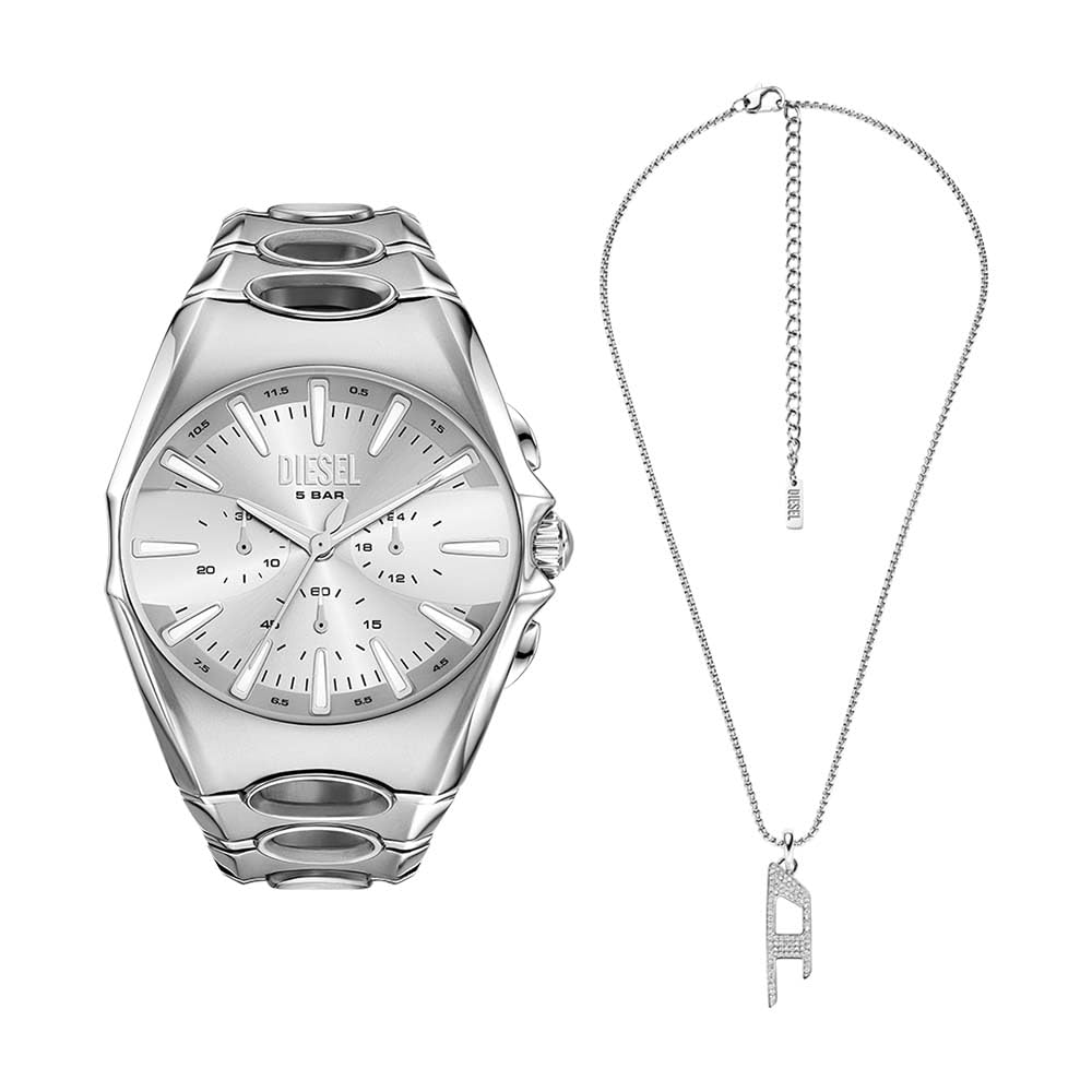 Diesel Hombre Reloj Plateado D-Curve y Collar D Logo, Set
