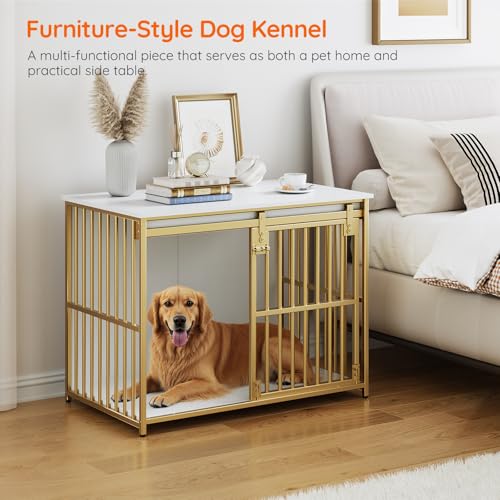 HOOBRO Dog Crate Furniture, 36.6" Heavy Duty Dog Kennel with Sliding Barn Door, Wooden Dog Cage Indoor, Decorative Side End Table for Small/Medium Dogs, White and Gold GD162GW03G1 - Image 6