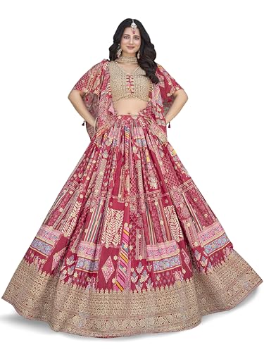 Image of Women's Digital Print With Zari Dori Embroidery Work Chinnon Silk Lehenga Choli With Dupatta (Women-Lehenga-Choli-New; Free size)