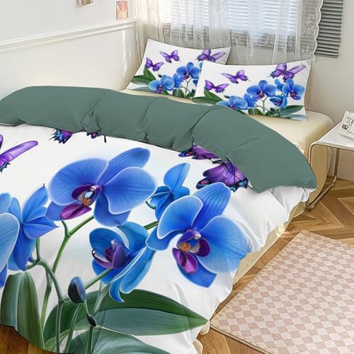 Housse de couette papillons et fleurs bleu blanc en microfibre reversible 200x200 cm - 5