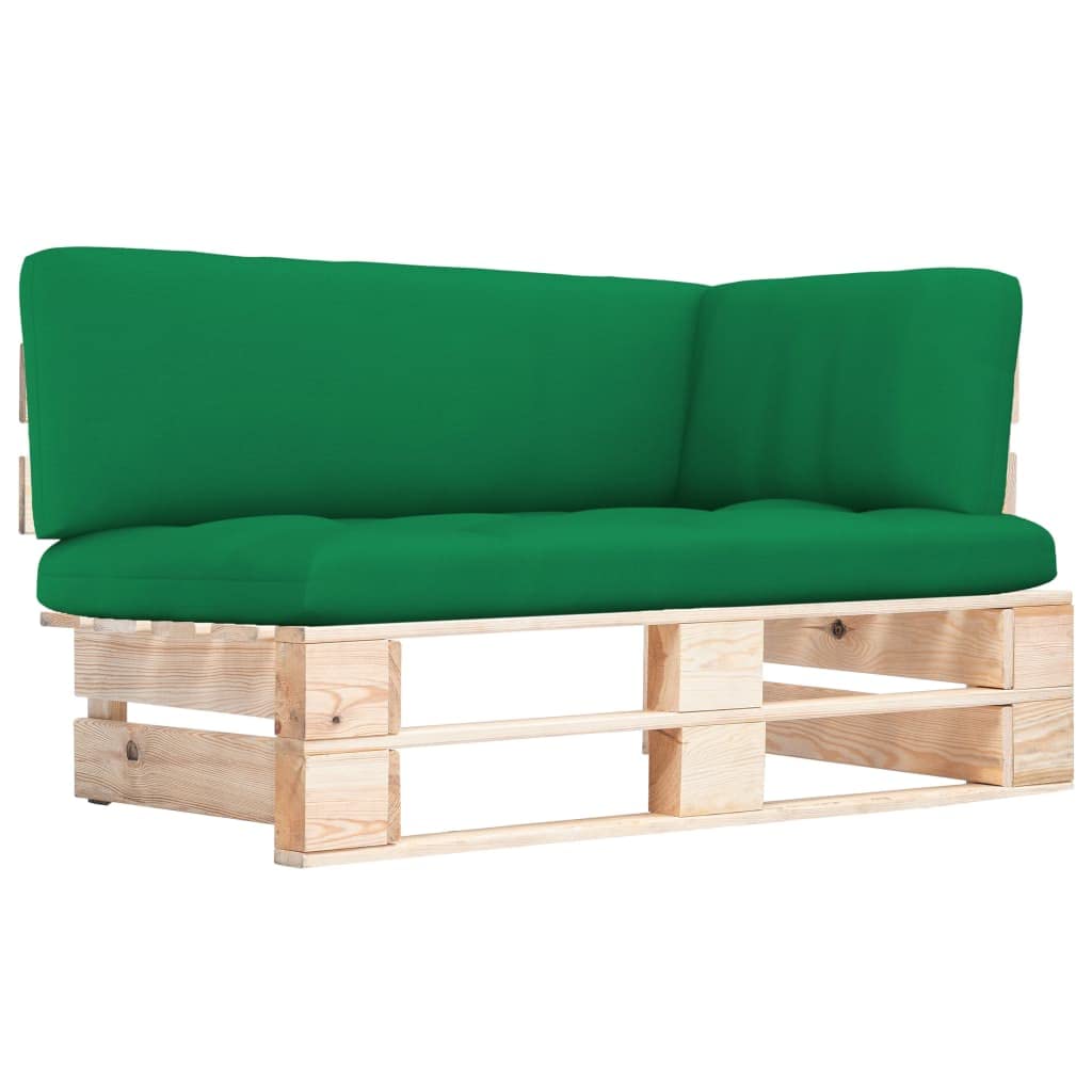 Canapé d'angle en palettes design moderne bois de pin imprégné et grand coussin d'assise vert