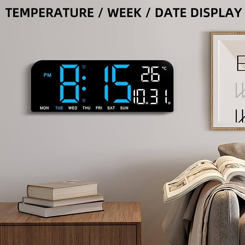 Image of 9 inch LED Digital Wall & Table Clock with Day, Date & Temperature, Dual Alarm, Countdown Timer, 4-Level Dimmable Brightness, 12 /24H Format, USB Powered Large Display for Home & Office (Blue)