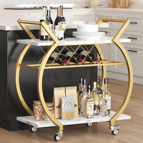 Image of LVB Gold Bar Cart with Wheels, Modern White Marble Home Bar Serving Cart | Drink Cart with Wine Rack, Metal Wooden Beverage Cart, Rolling Kitchen Cart for Home Dining Room,Gold White Marble