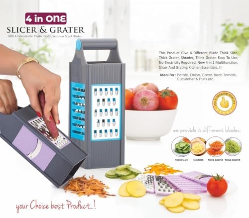 Image of ARTO 4 in 1 Handy Smart Vegetable Slicer Fruit Slicer ABS and Stainless Steel Four Sided Boxed Grater with Handle Chopper Fruit Slicer Potatoes Peeler Attach 4 Blades (Multicolor) (3)
