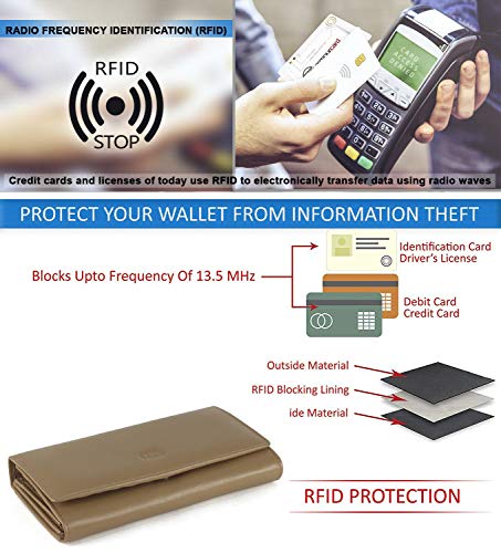 Image of Women's Top Grain Leather Wallet, RFID Blocking Bifold clutch, 17 Card Slots, Zip Pocket Organizer, Elegant Gift for Women - Birthday, Valentine, Anniversary - BEIGE
