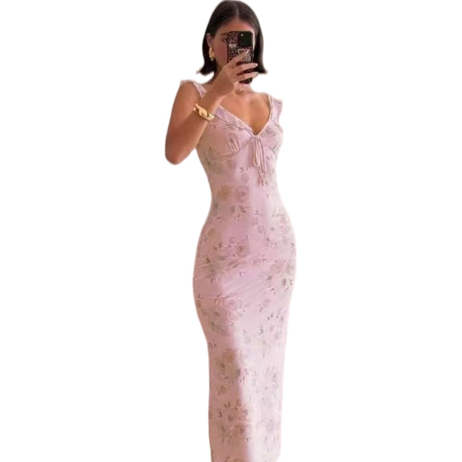 Abito Donna Floral Plunge V Collo Senza Schienale Slip Maxi Coquette Vacanza Sundress, Completamente Foderato Non Sheer Tessuto per Le Vacanze