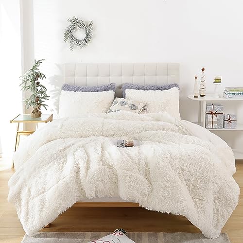 Smoofy Fluffy Full Size Comforter Set, Faux Fur Comforter Set, Luxury Fuzzy Bedding Set, Soft Shaggy Full Bed Set for All Season, 3 Pieces - 1 Comforter & 2 Pillowcases, Beige