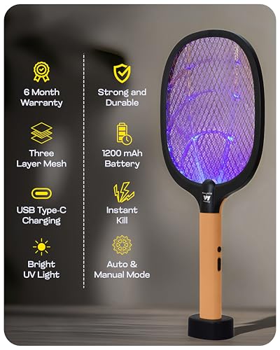 Image of Weird Wolf 2 in 1 Rechargeable Mosquito Bat with UV Light & Base Stand | Electric Fly Swatter with Auto & Manual Mode | Type-C USB Charging | 1200 mAh Lithium Battery | 6 Month Warranty