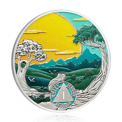 ACGZQY Nüchternheitsmünze - 1 Jahr Nüchternheitschip Grüner Wald Sonnen-Wiederherstellung Berg Baum Straße NA AA Chips und Medaillen Sober-Token Anonyme Alkoholiker Nüchternheitsgeschenke