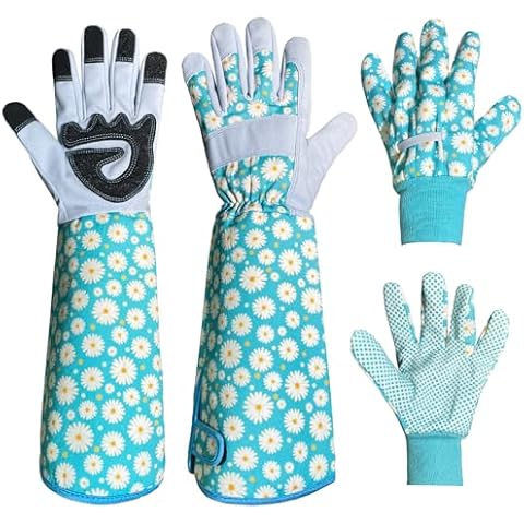 OIZEN Gardening Gloves for Women, Long Sleeve Thorn Proof Garden Gloves for Yard Work Gloves, Gardening Gifts for Women, 1 Pair Long Gardening Gloves and 1 Pair Short Gardening Gloves (Green,Medium) Cover