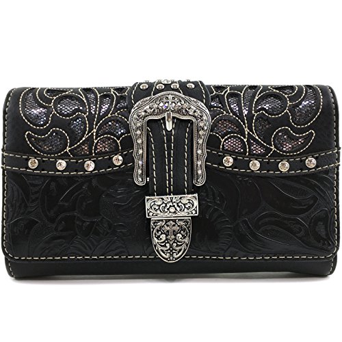 Justin West Gleaming Laser Cut Rhinestone Buckle Studded Concealed Carry Handbag Purse