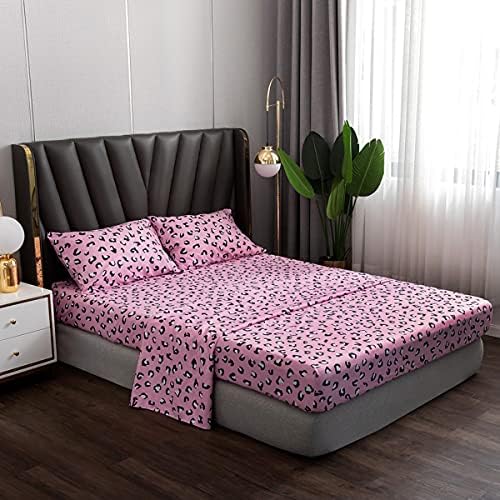 jejeloiu Cheetah Bed Sheet Set Queen Pink Leopard Print Fitted Sheet for Girls Women Modern Wildlife Bedding Includes 1 Flat Sheet & 1 Sheet with 2 Pillowcases