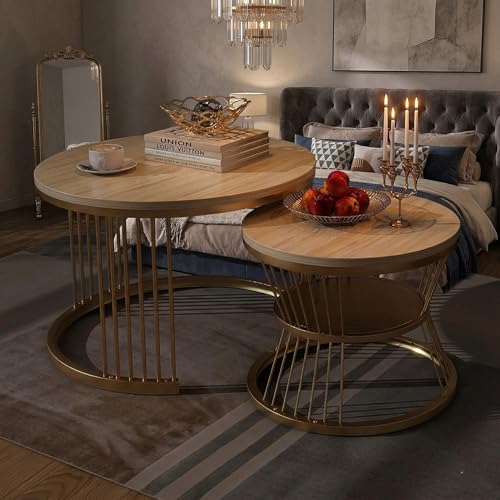 Image of Modern Nested Coffee Table Set of 2 | Round Marble Finish Tabletop with Metal Base | Luxury Center Table for Living Room, Lounge & Office (Cream Gold)