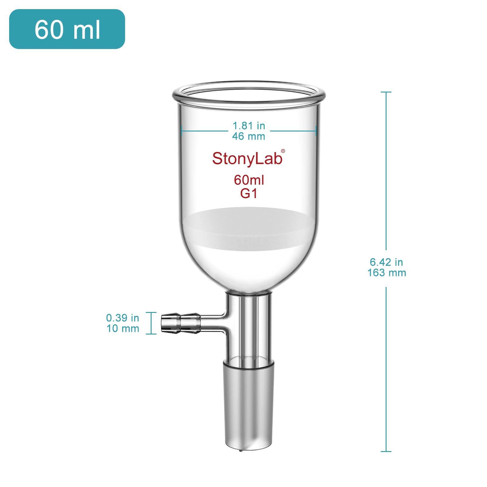 StonyLab borokrzemowy szklany lejek filtrujący z grubym frezem (G1), średnica wewnętrzna 46 mm, głębokość 60 mm, ze standardowym przegubem wewnętrznym 24/40 i ząbkowaną rurką próżniową (60 ml)