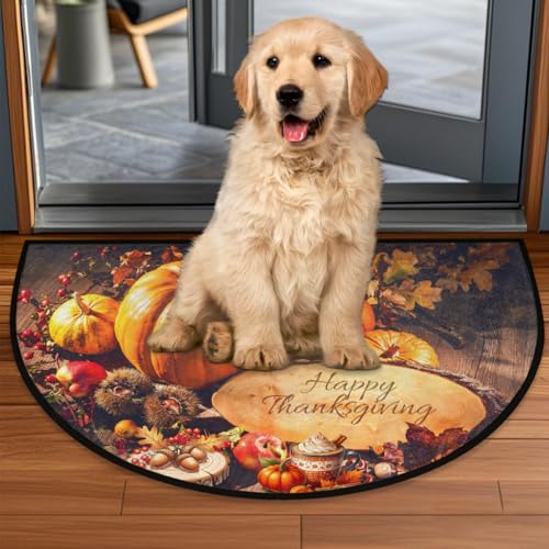 Image of cfpolar Half Round Door Mat Thanksgiving Pumpkin Non-Slip Semi Circle Area Rug Washable Half Moon Hearth Rugs for Indoor Outdoor Bathroom Kitchen Patio Runner Mat Laundry Room Home Decoration