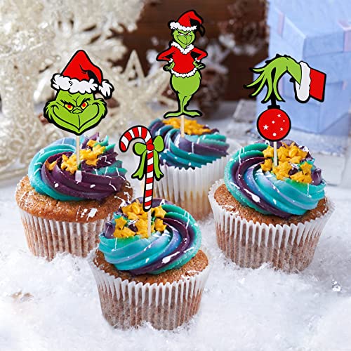 24Pcs Grinch Christmas Cupcake Toppers Red And Green, Grinch Christmas Food Fruit Picks For Grinch Party Dessert Decoration, Grinch Birthday Cake Decor,Grinch Christmas Decorations Supplies #TOP1