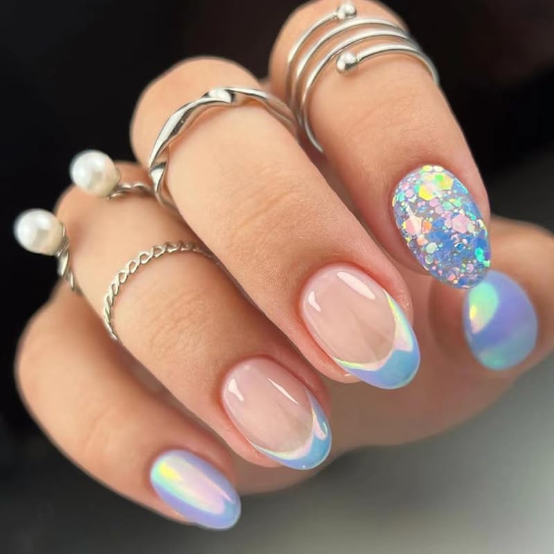 Designer 24pcs Press-On Nails with Holographic Glitter Design, Reusable and Unbreakable Stick-on Nails for Women with Easy Glue Tab application