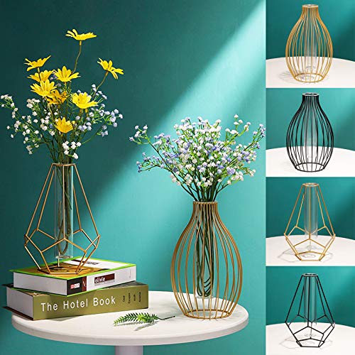 Metal Frame Vase Geometric Glass Flower Vase, Lantern Shape Glass Test Tube Vase - Image 3