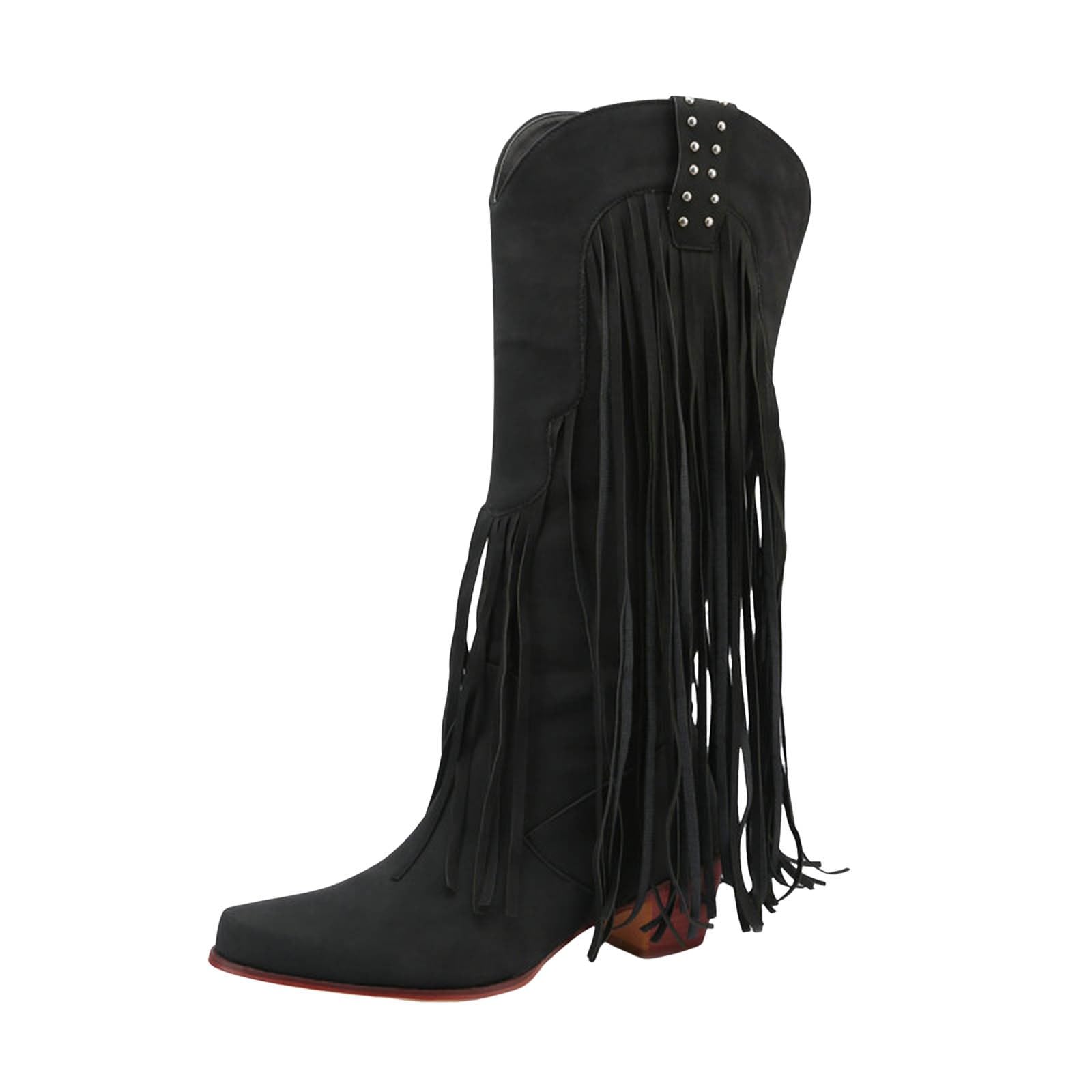 WesternBoots damskie kozaki z frędzlami, obcas blokowy, zamszowe, wysokie do kolan, buty kowbojskie, eleganckie buty z długą cholewką, kozaki zimowe