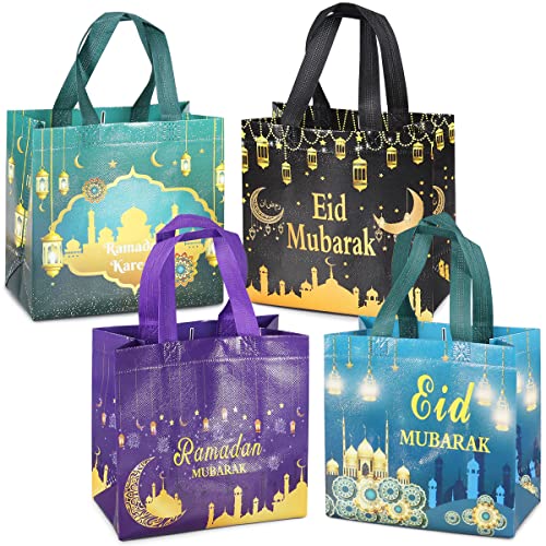 4PCS Eid Mubarak wiederverwendbare Geschenktaschen, Ramadan Mubarak Party Taschen, Multifunktionale Non-Woven Eid Taschen für Geschenkverpackung, Ramadan Kareem Party Supplies, 23×22×11cm Cover