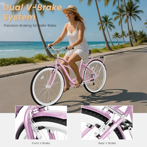 Image of MOONCOOL Beach Cruiser Bike for Women and Men, 24 /26 Inch 7-Speed Adult Bicycle, Comfortable Step-Through Frame with Rear Rack, Classic City Cruiser