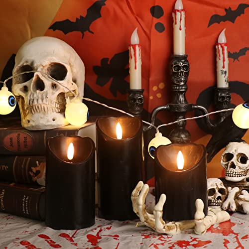 Image of Eldnacele Black Flameless Candles Battery Operated with 6 Hour Timer, Set of 3 Real Wax LED Pillar Candles Realistic 3D Wick Flickering Dinner Party Halloween Indoor Decoration(3 inchD x 4 inch5 inch6 inchH)