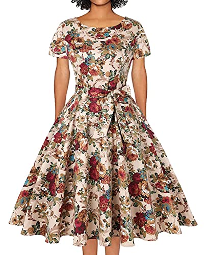 MINTLIMIT Women's Vintage 1950's Floral Spring Garden Rockabilly Swing Prom Party Cocktail Dress(Floral Khaki,Size M)