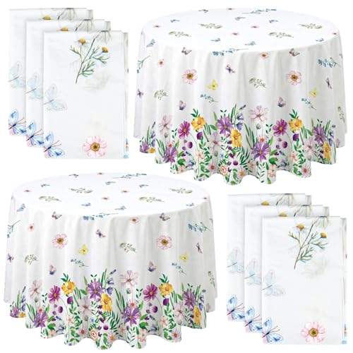 Image of Ganeen 6 Pcs Spring Wildflower Plastic Tablecloth 84 Inch Spring Round Tablecloths Floral Theme Birthday Decor Disposable Plastic Waterproof Table Covers for Holiday Wedding Decoration Party Favor