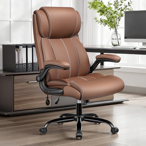Image of BESTFAIR Ergonomic Office Chair - Home Desk Computer Chair, Leather High Back Executive Chairs with Adjustable Lumbar Support & Flip-up Arms, Rocking Swivel Comfy, Brown