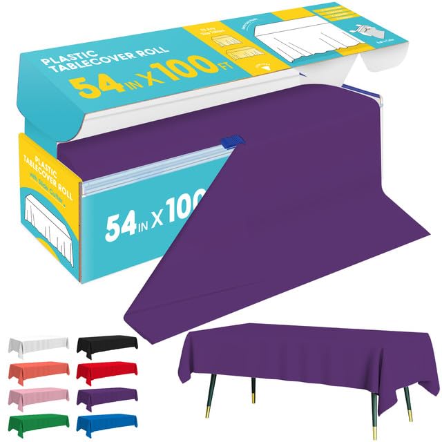 Image of Niuara Purple Plastic Table Cover Roll - 54IN x 100FT, Table Cloth for Rectangle Table with Slide Cutter, Plastic Table Cloth Disposable with Cut-to-Size Design for Weddings, Banquets, Parties