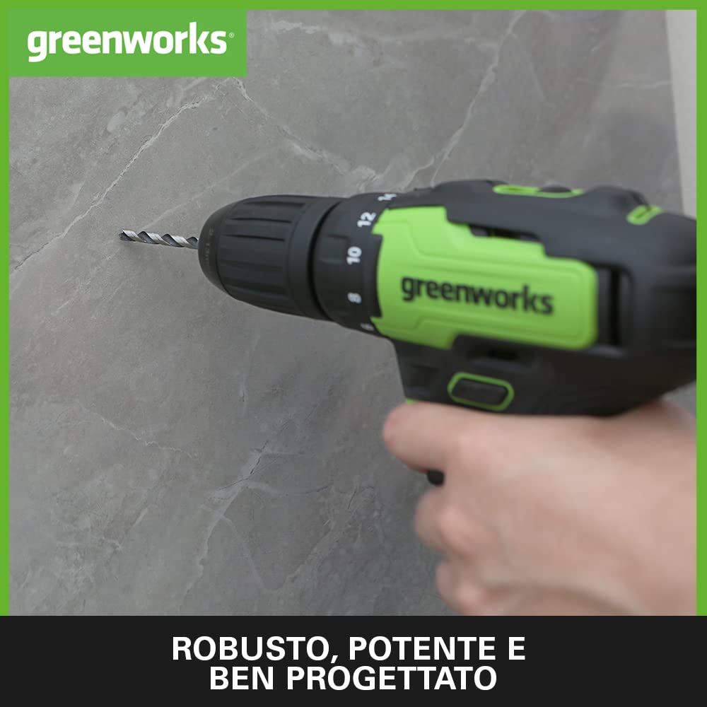Greenworks GD24DD35K2 Trapano Avvitatore a Batteria con Motore Brushless, 0-1450 giri/min., 2 Marce, 35Nm di Coppia, Batteria 24V 2Ah e Caricabatterie, Borsa, Garanzia 3 Anni