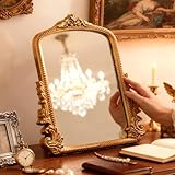 YUSONG Vintage Gold Mirror for Desk - 12' Vanity Mirrors with Resin Frame Decorative Wall Art for Tabletop Living Room Retro Decor