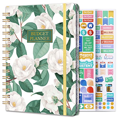 Budget Planner – Monthly Budget Book And Expense Tracker Notebook, Budget Planner Organizer With Expense Tracker Undated Accounts Book, 6" X 8.3"，Undated Bill Organizer With Pocket + 2 Stickers +Premium Paper - Golden Stem Green Leaves #TOP3