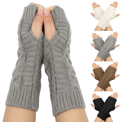 VEGCOO 4 Paar Halb Fingerlose Handschuhe, Weicher Strick Damen Winter Fäustlinge, Schwarz, Weiß, Grau, Braun