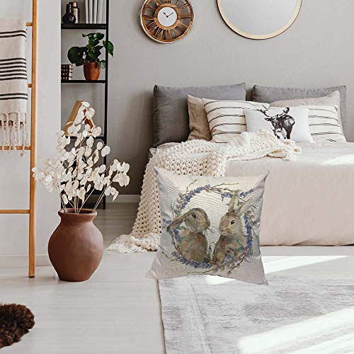 Hosnye Rabbit Cotton Linen Throw Pillow Case Watercolor Easter Bunny With Floral Wreath Pillow Cushion Covers Home Sofa Decorative 18 X 18 Inch #TOP3