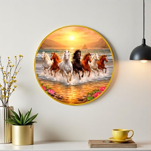 Image of 7 Running Horses in Water Round Wall Art Painting With Frame For Living Room| Vastu Prosperity Decor Framed Painting | Round Artistic Wall Hanging for Home, Office & Gifting, 12 Inch
