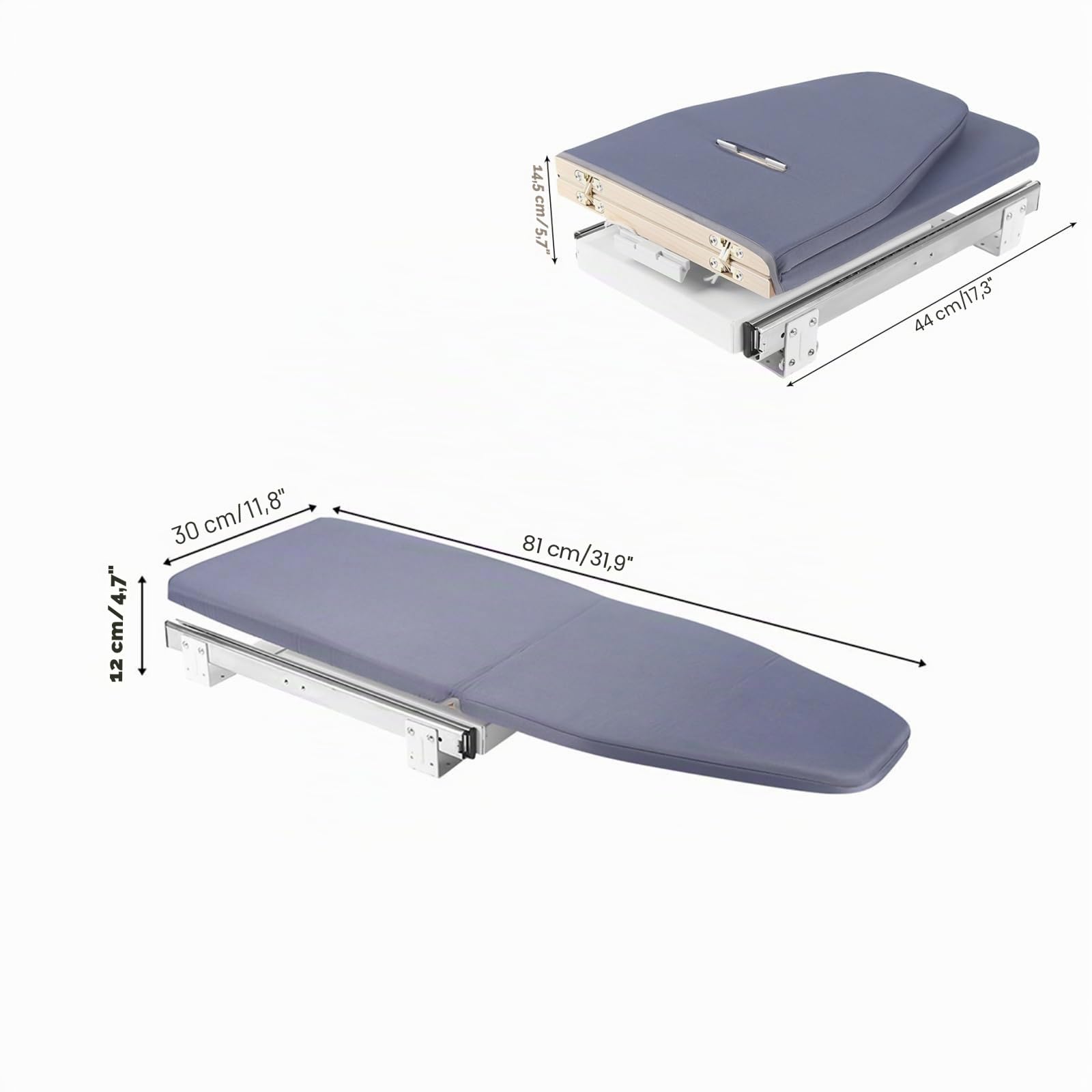 Tabla de planchar extensible, 80 cm x 30 cm, plegable, se puede guardar en el armario, mesa de planchar portátil, para cajón, armario, tabla de planchar de pared, ahorro de espacio, gris