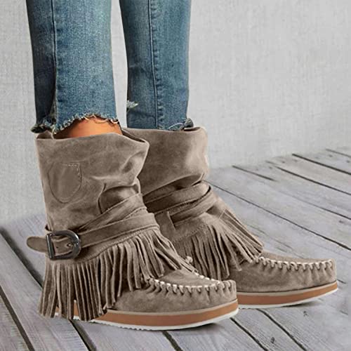ZBYY Women's Tassel Booties Fashion Fringe Suede Moccasins Ankle Boots Retro Winter Low Heel Dress Shoes for Lady2