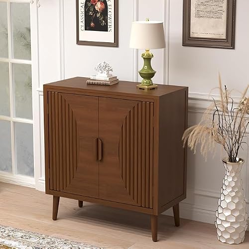 COSIEST 30\" W Storage Cabinet with Doors and Shelves, Mid-Century Cabinet with Adjustable Shelf, Accent Sideboard for Kitchen, Dining Room, Living Room, or Hallway (Brown, Line Pattern)