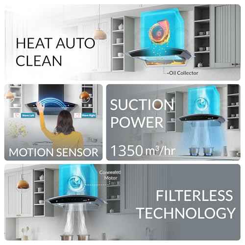 Image of Elica 60cm 1350 m3 /hr Filterless Autoclean Kitchen Chimney with 10 Years Motor & 5 Years Comprehensive Warranty | FL 600 SLIM HAC MS NERO | Black | Touch Control with Motion Sensor Control