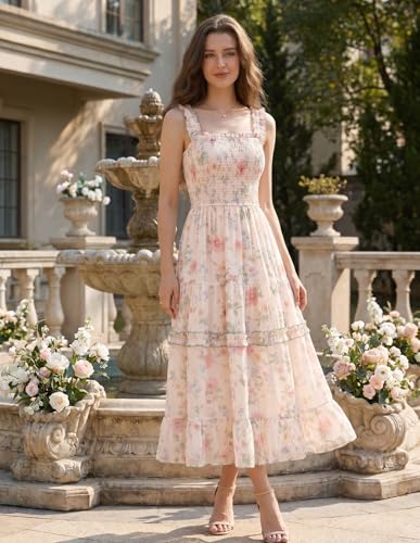 Image of Scarlet Darkness Floral Dress for Women 2026 Flowy Sundress Smocked Cottagecore Dresses