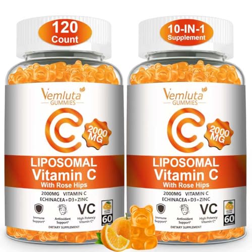 Vemluta 2 Pack Liposomal Vitamin C 2000mg Gummies Complex Rose Hips with D3 5000IU Elderberry Echinacea Iron & Zinc for Adults Kids Immune Antioxidant & Collagen Support Orange Flavor 120Count